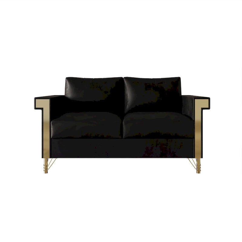 Dwuosobowa sofa tapicerowana aksamitem ze złotymi akrylowymi podłokietnikami i metalowymi nogami