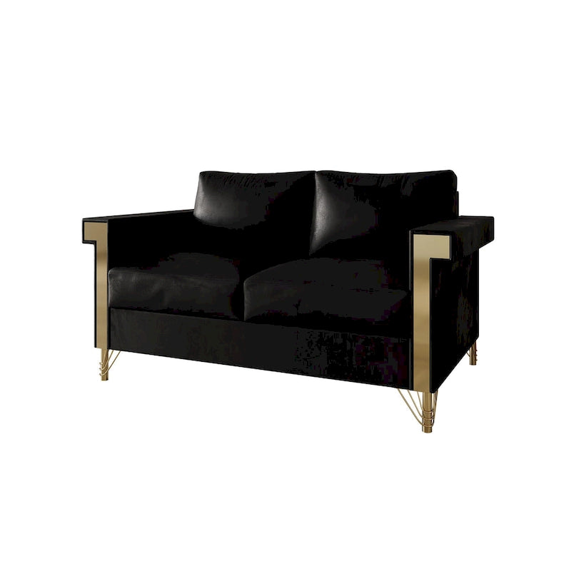 Dwuosobowa sofa tapicerowana aksamitem ze złotymi akrylowymi podłokietnikami i metalowymi nogami