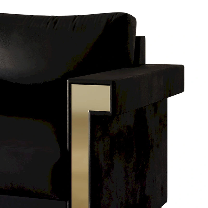 Dwuosobowa sofa tapicerowana aksamitem ze złotymi akrylowymi podłokietnikami i metalowymi nogami