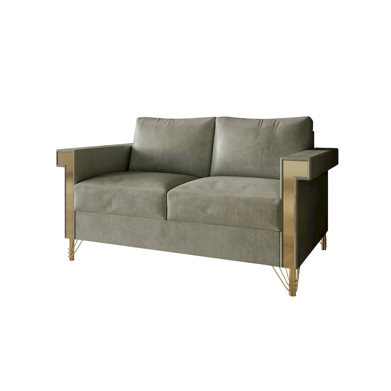 Dwuosobowa sofa tapicerowana aksamitem ze złotymi akrylowymi podłokietnikami i metalowymi nogami