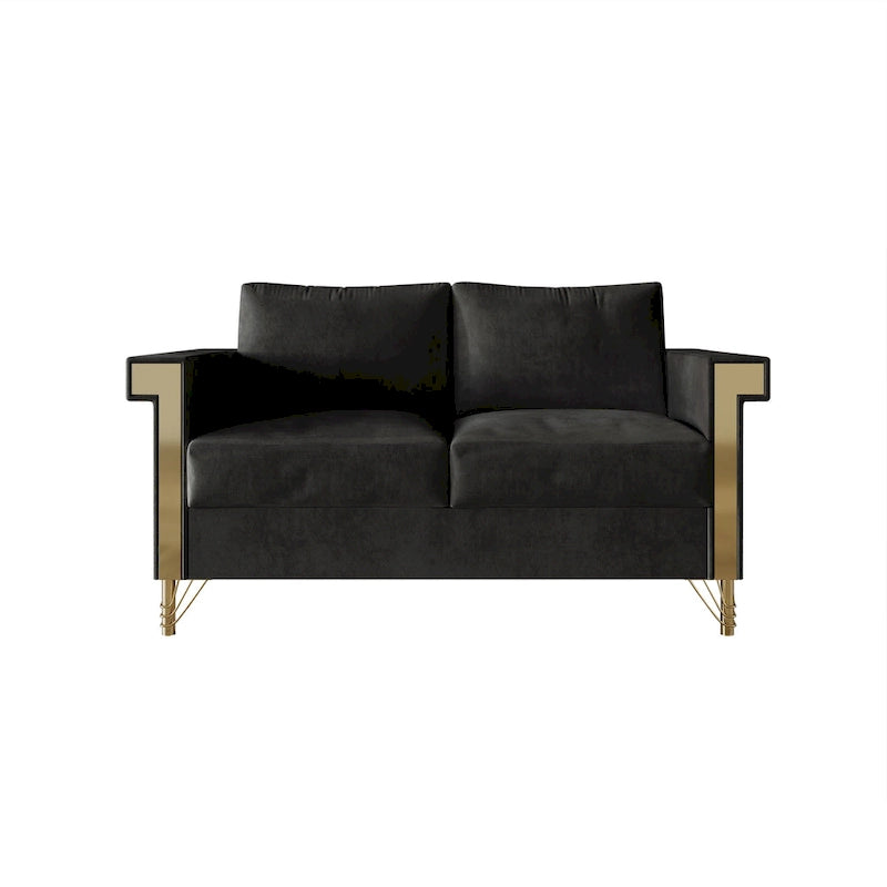 Dwuosobowa sofa tapicerowana aksamitem ze złotymi akrylowymi podłokietnikami i metalowymi nogami