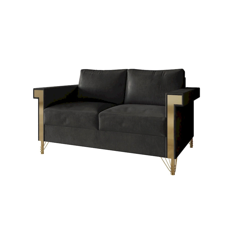 Dwuosobowa sofa tapicerowana aksamitem ze złotymi akrylowymi podłokietnikami i metalowymi nogami
