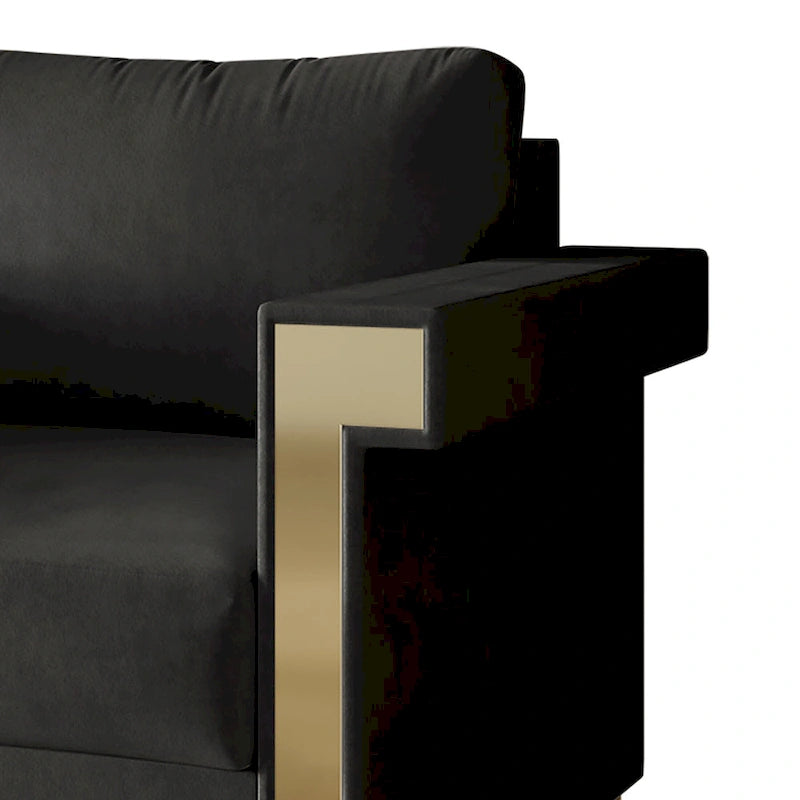 Dwuosobowa sofa tapicerowana aksamitem ze złotymi akrylowymi podłokietnikami i metalowymi nogami