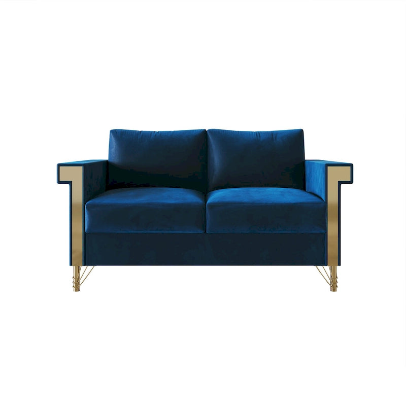 Dwuosobowa sofa tapicerowana aksamitem ze złotymi akrylowymi podłokietnikami i metalowymi nogami