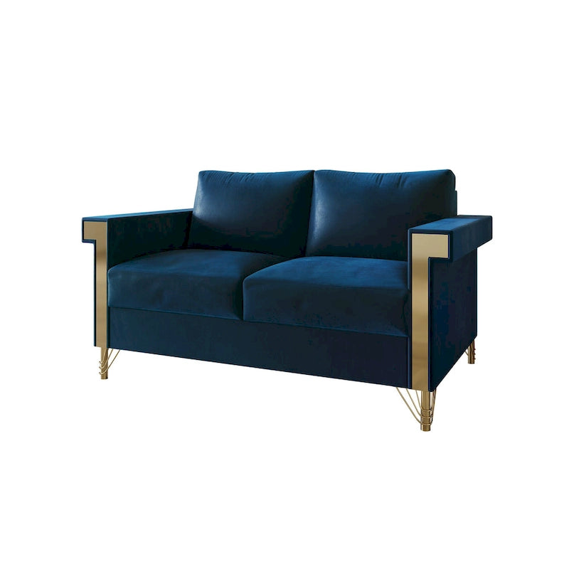 Dwuosobowa sofa tapicerowana aksamitem ze złotymi akrylowymi podłokietnikami i metalowymi nogami