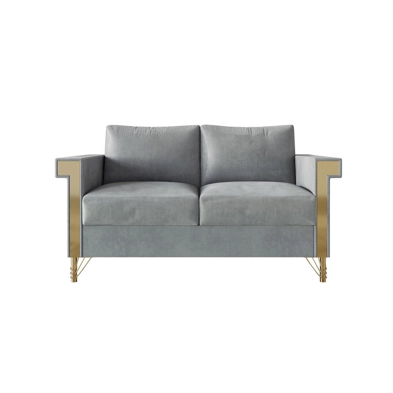 Dwuosobowa sofa tapicerowana aksamitem ze złotymi akrylowymi podłokietnikami i metalowymi nogami