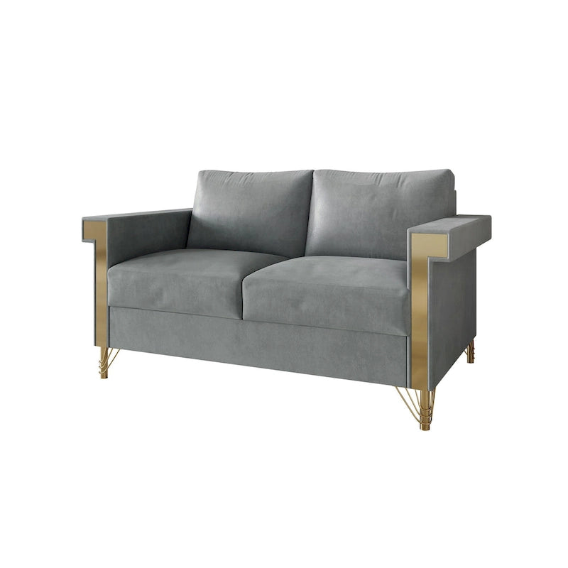 Dwuosobowa sofa tapicerowana aksamitem ze złotymi akrylowymi podłokietnikami i metalowymi nogami