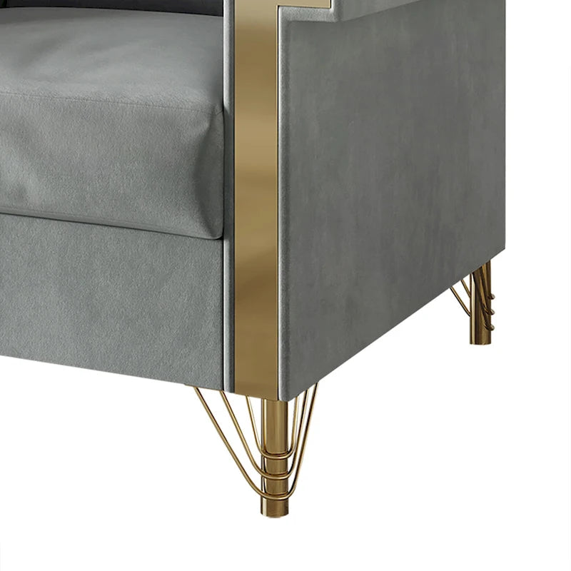 Dwuosobowa sofa tapicerowana aksamitem ze złotymi akrylowymi podłokietnikami i metalowymi nogami