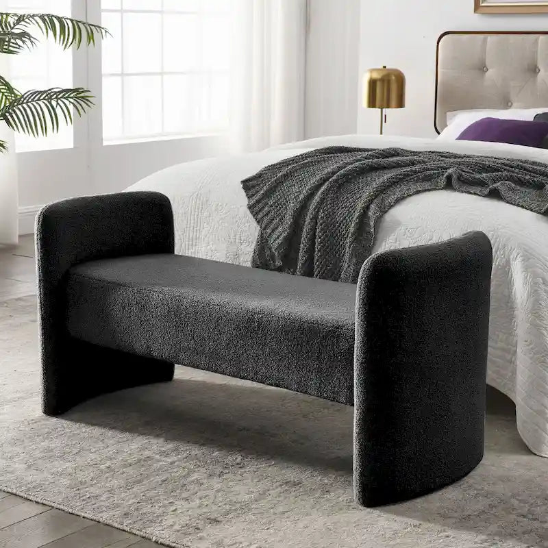 Modern Upholstered Bedroom Bench with Arch Wood Frame & Foam Padded Seat