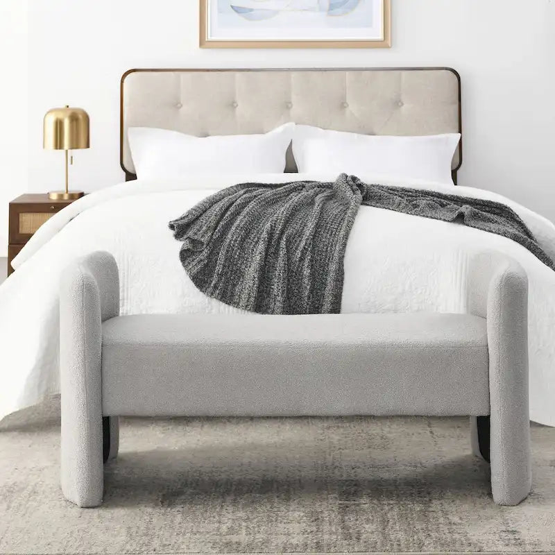 Modern Upholstered Bedroom Bench with Arch Wood Frame & Foam Padded Seat