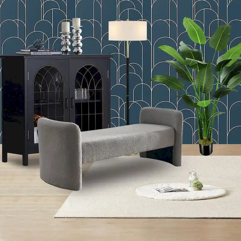 Modern Upholstered Bedroom Bench with Arch Wood Frame & Foam Padded Seat