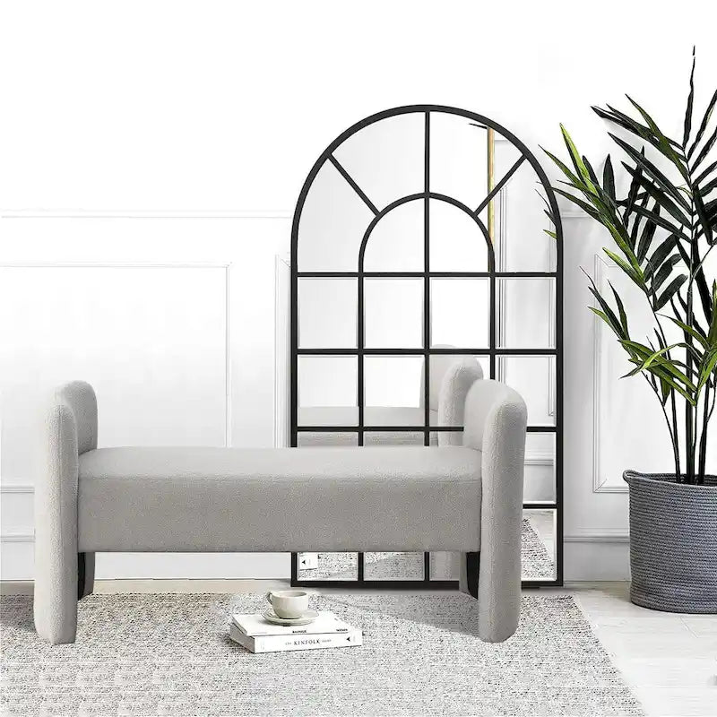 Modern Upholstered Bedroom Bench with Arch Wood Frame & Foam Padded Seat