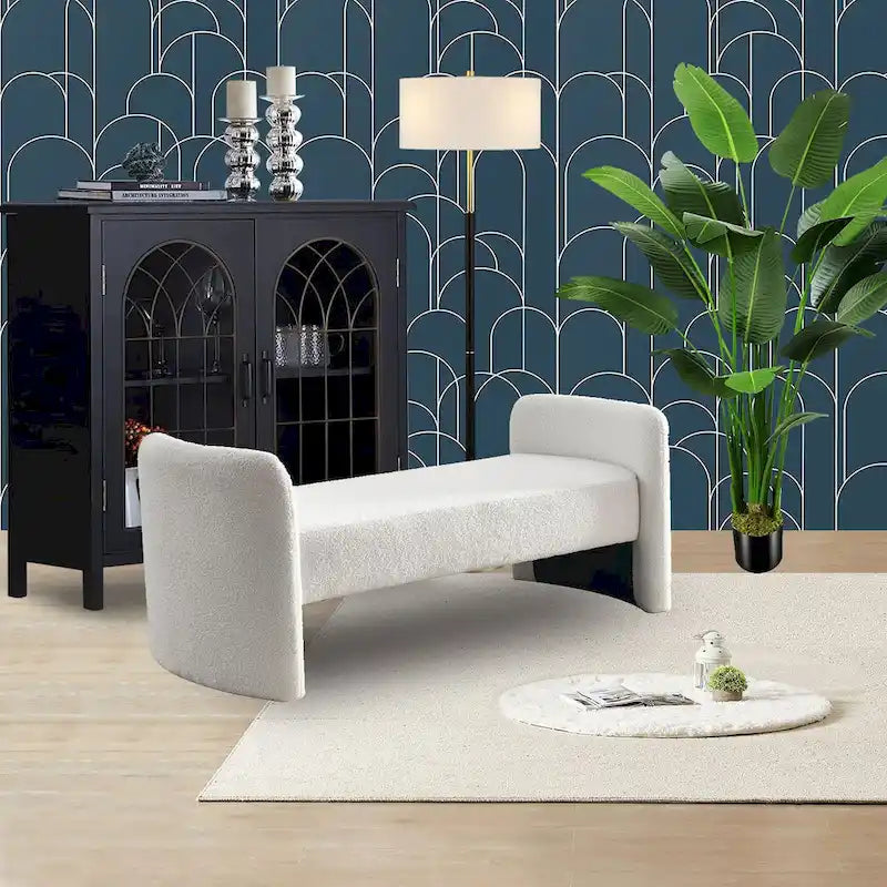 Modern Upholstered Bedroom Bench with Arch Wood Frame & Foam Padded Seat