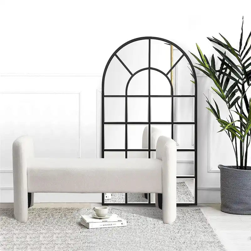 Modern Upholstered Bedroom Bench with Arch Wood Frame & Foam Padded Seat