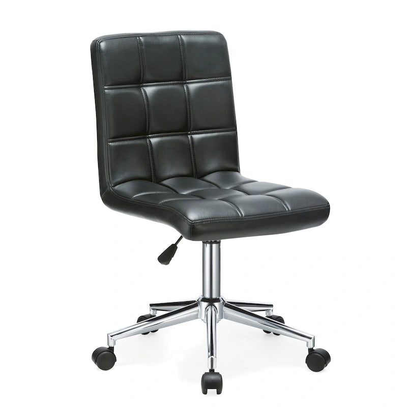 Adjustable Height Office Chair with Tufted PU Leather Seat & Caster Wheels, Armless Design