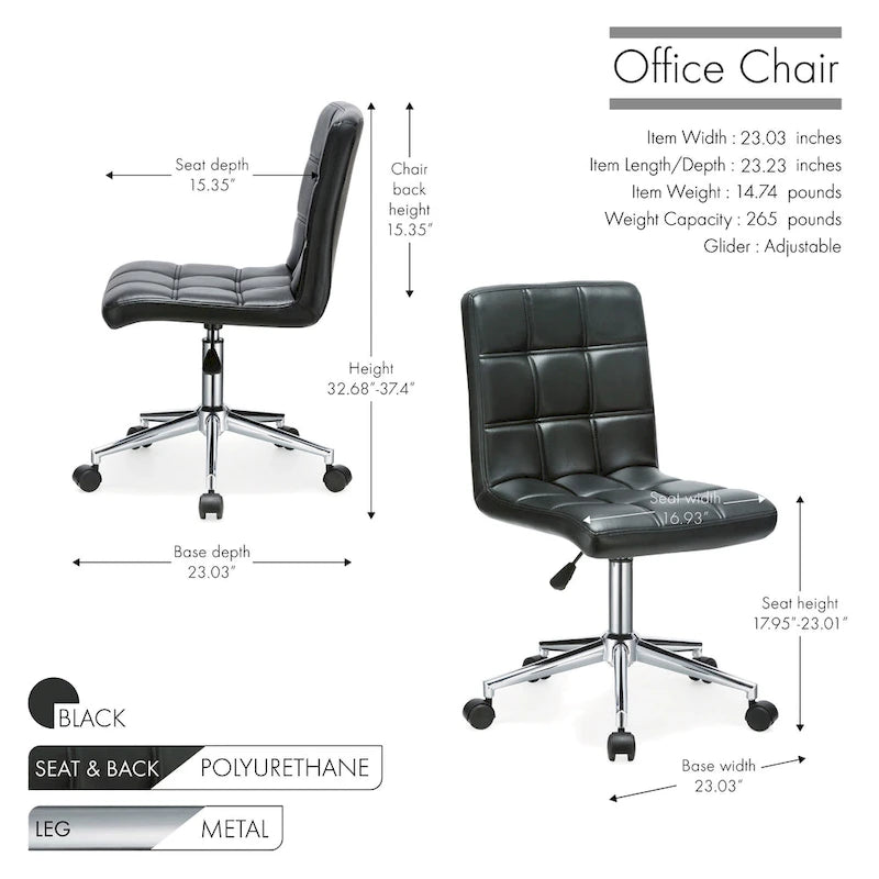 Adjustable Height Office Chair with Tufted PU Leather Seat & Caster Wheels, Armless Design