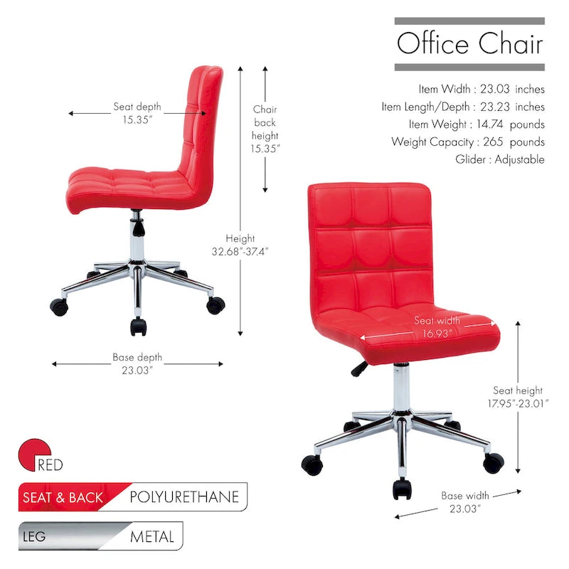 Adjustable Height Office Chair with Tufted PU Leather Seat & Caster Wheels, Armless Design