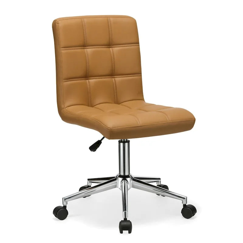 Adjustable Height Office Chair with Tufted PU Leather Seat & Caster Wheels, Armless Design