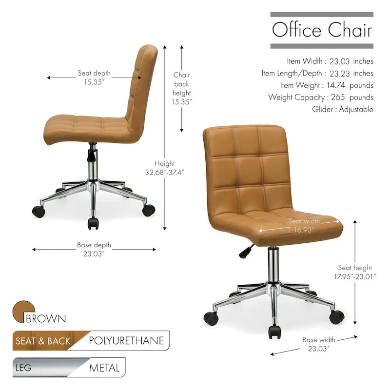 Adjustable Height Office Chair with Tufted PU Leather Seat & Caster Wheels, Armless Design