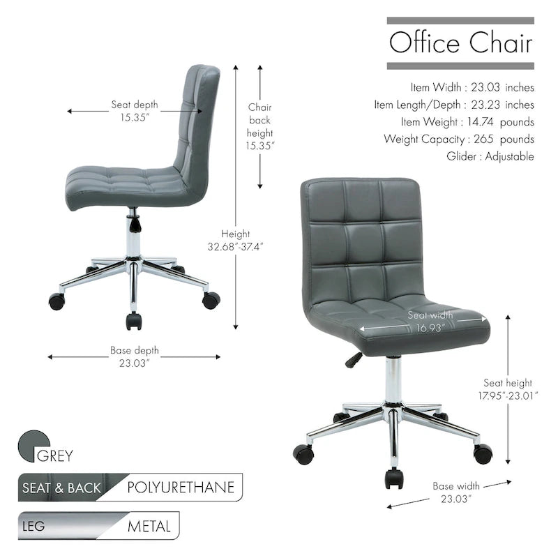 Adjustable Height Office Chair with Tufted PU Leather Seat & Caster Wheels, Armless Design