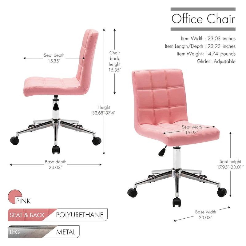 Adjustable Height Office Chair with Tufted PU Leather Seat & Caster Wheels, Armless Design