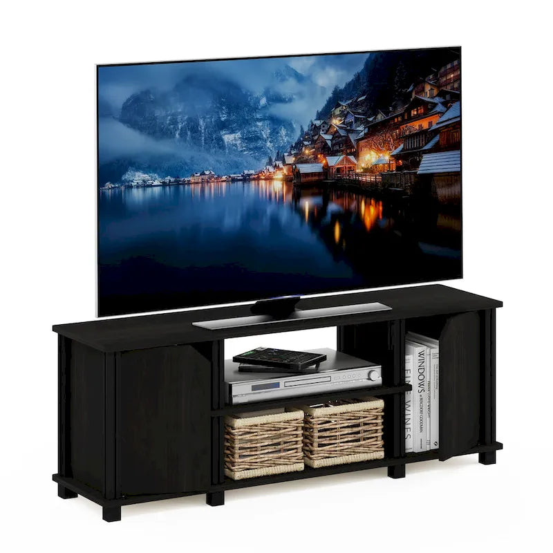 TV-Ständer mit offenen Fächern und Stauraum hinter Doppeltüren
