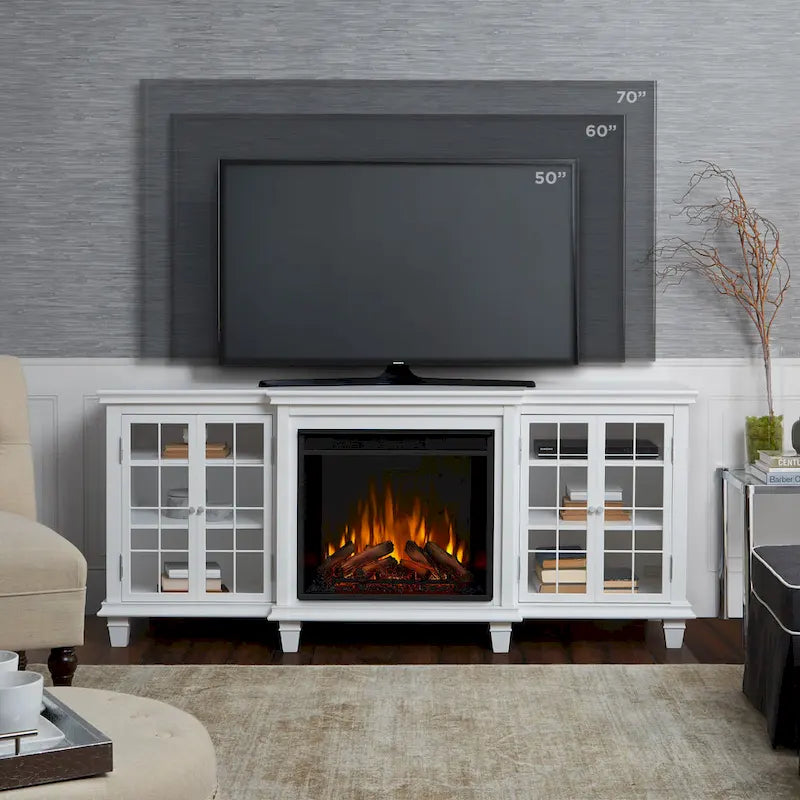 70-Inch Electric Fireplace TV Stand with Glass Mullion Doors, Adjustable Shelves & Cable Management, White