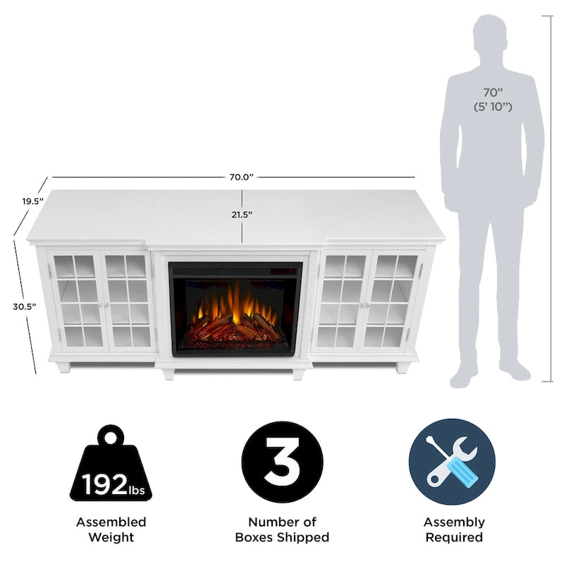 70-Inch Electric Fireplace TV Stand with Glass Mullion Doors, Adjustable Shelves & Cable Management, White