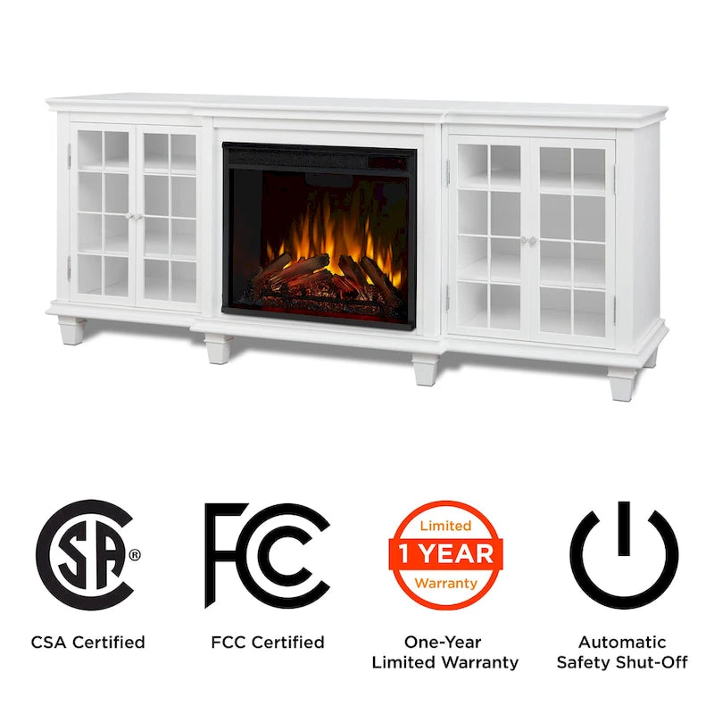 70-Inch Electric Fireplace TV Stand with Glass Mullion Doors, Adjustable Shelves & Cable Management, White