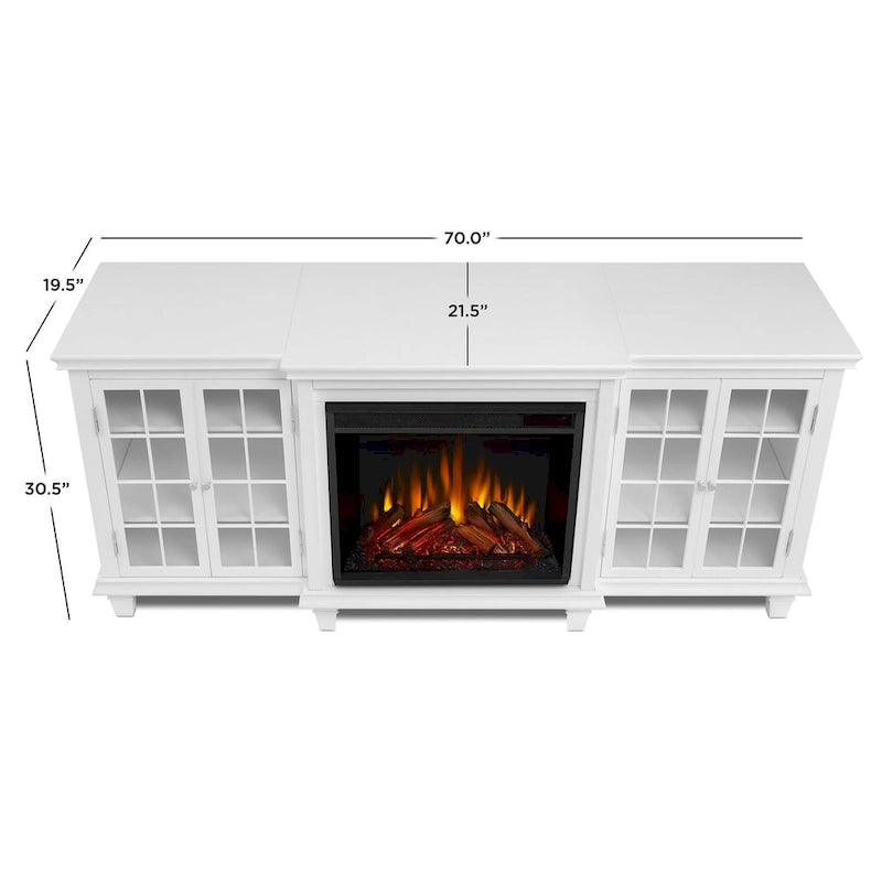 70-Inch Electric Fireplace TV Stand with Glass Mullion Doors, Adjustable Shelves & Cable Management, White
