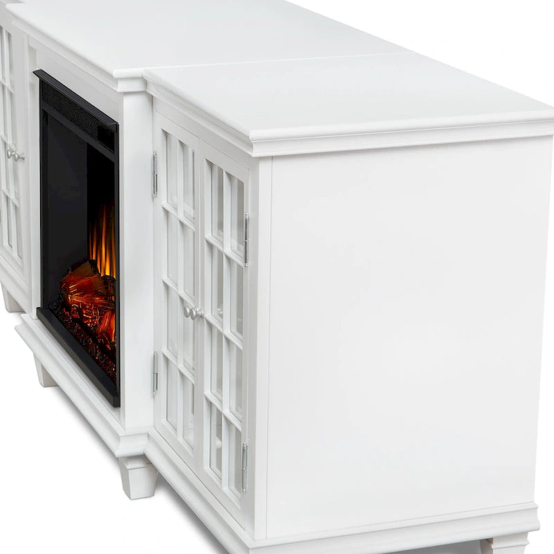 70-Inch Electric Fireplace TV Stand with Glass Mullion Doors, Adjustable Shelves & Cable Management, White