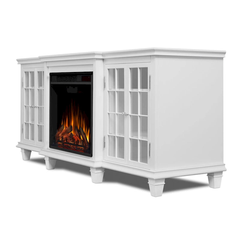 70-Inch Electric Fireplace TV Stand with Glass Mullion Doors, Adjustable Shelves & Cable Management, White