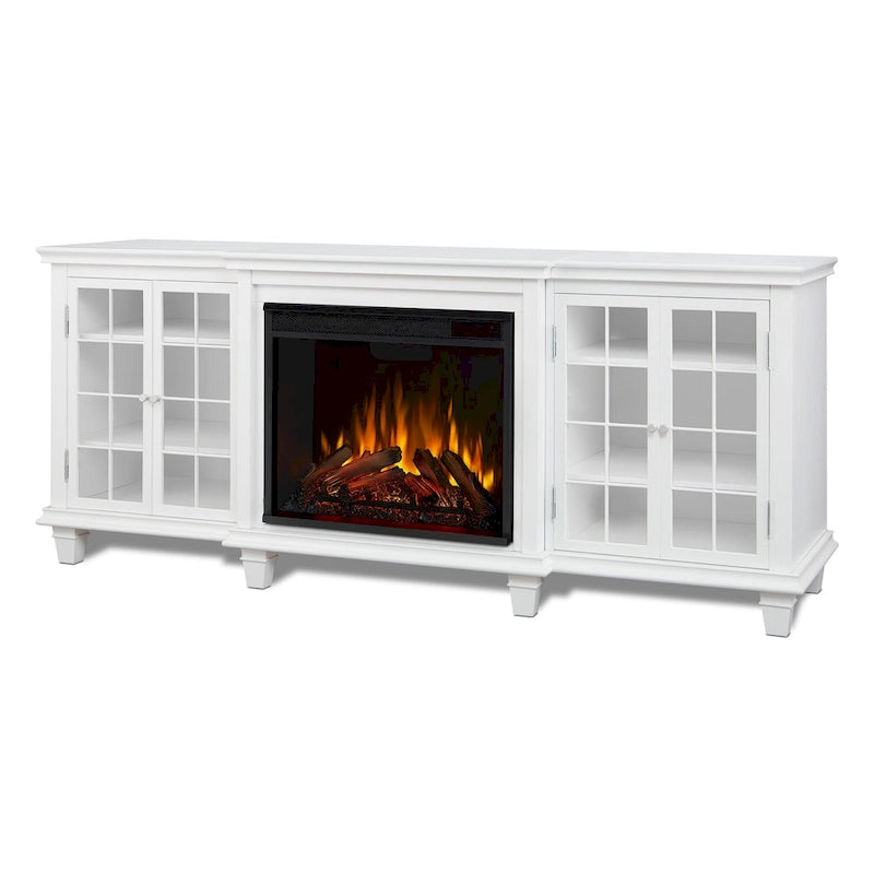 70-Inch Electric Fireplace TV Stand with Glass Mullion Doors, Adjustable Shelves & Cable Management, White
