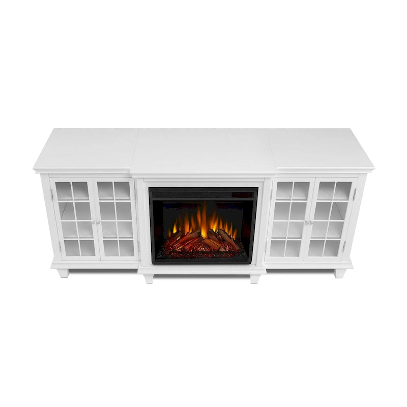 70-Inch Electric Fireplace TV Stand with Glass Mullion Doors, Adjustable Shelves & Cable Management, White