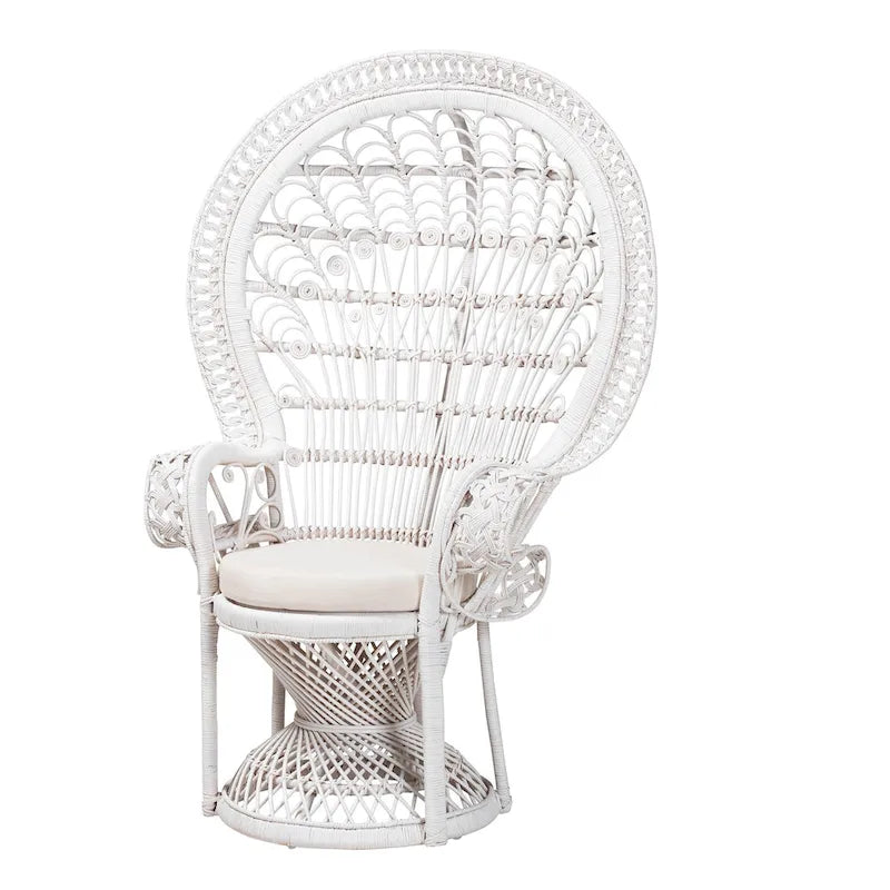 Bohemian Natural Rattan Peacock Accent Chair with Cushion – White