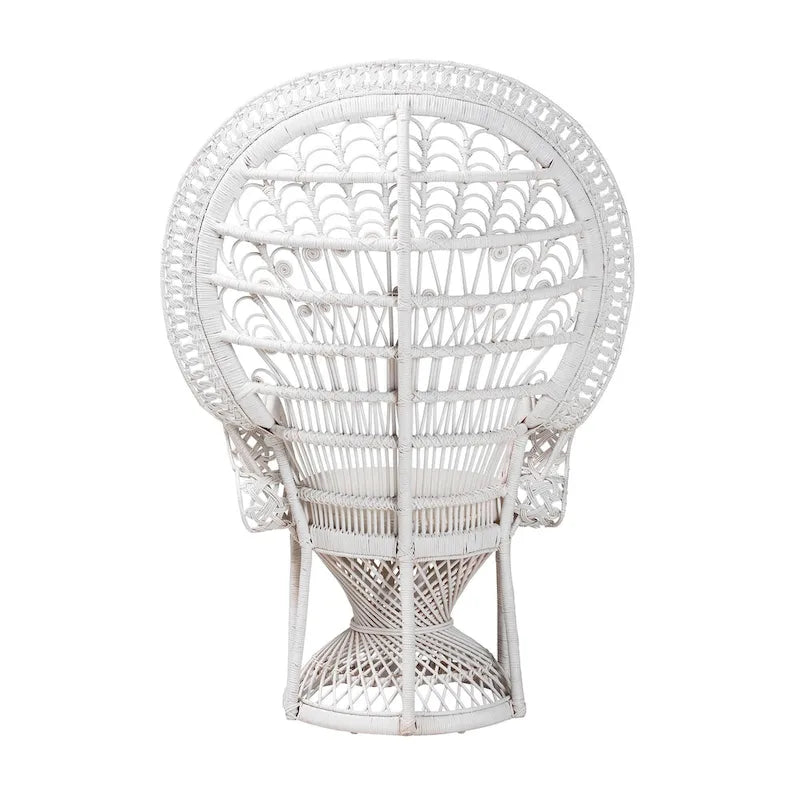 Böhmischer Peacock-Akzentstuhl aus natürlichem Rattan mit Sitzkissen – Weiß