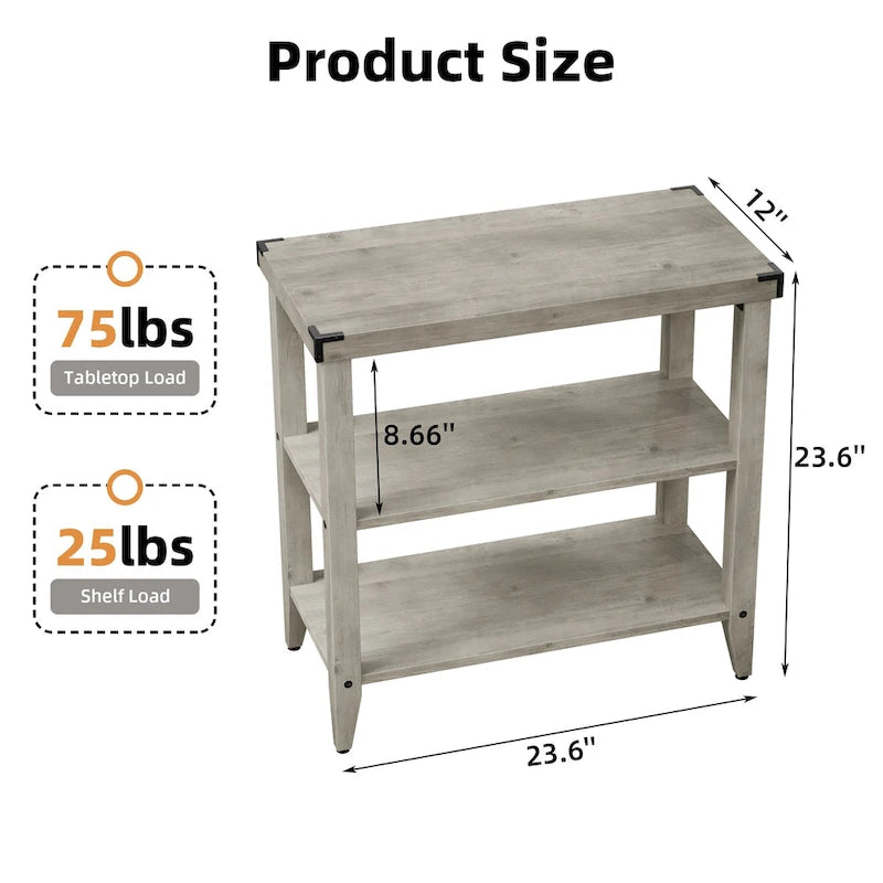3-Tier Farmhouse Rustic Side Table – Grey Wood Grain with Black Accents