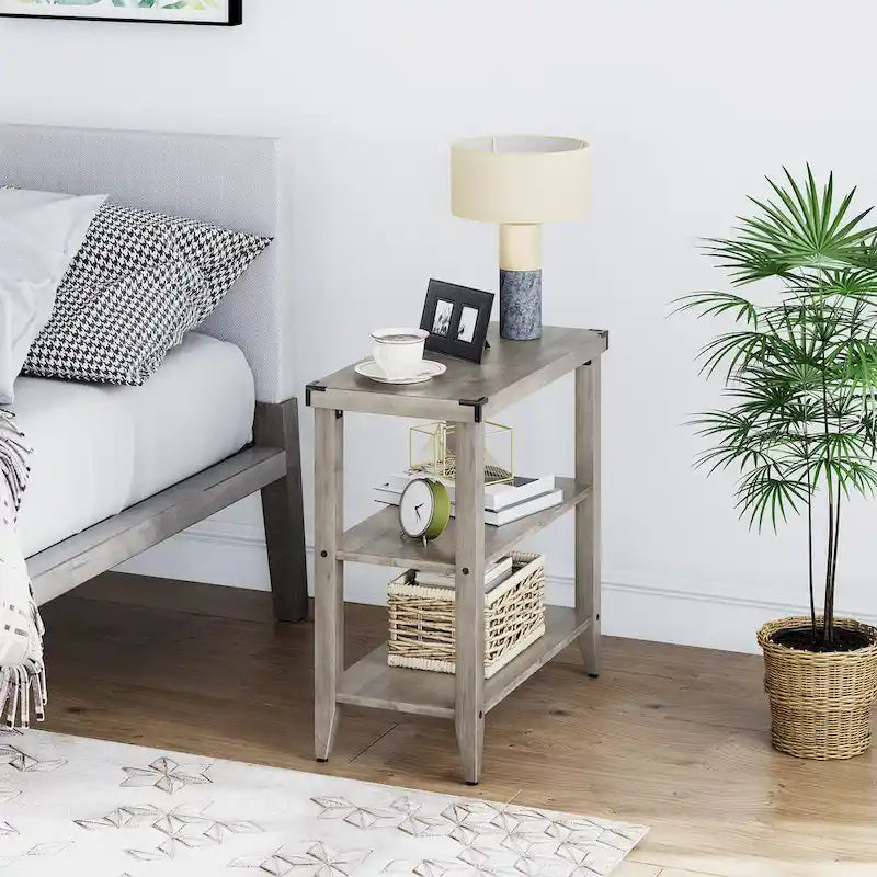 3-Tier Farmhouse Rustic Side Table – Grey Wood Grain with Black Accents