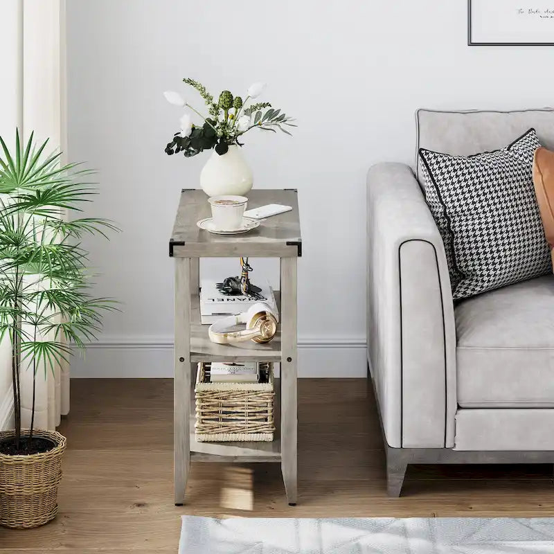 3-Tier Farmhouse Rustic Side Table – Grey Wood Grain with Black Accents