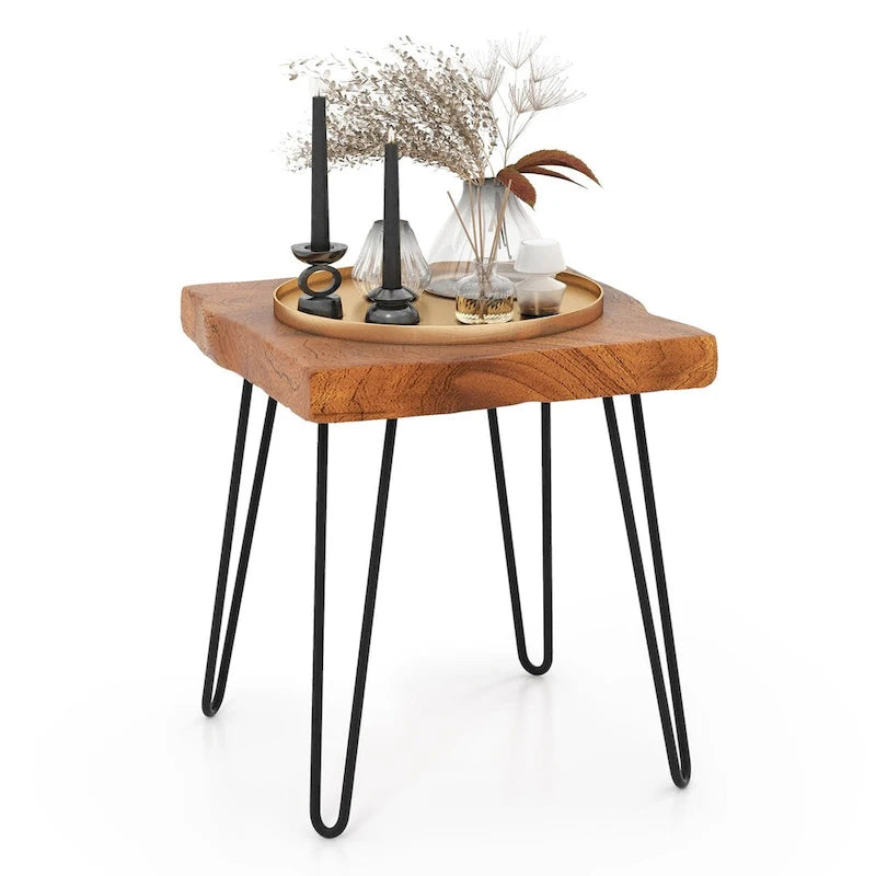 Reclaimed Teak Wood Live Edge Side Table with Metal Legs – Indoor & Outdoor