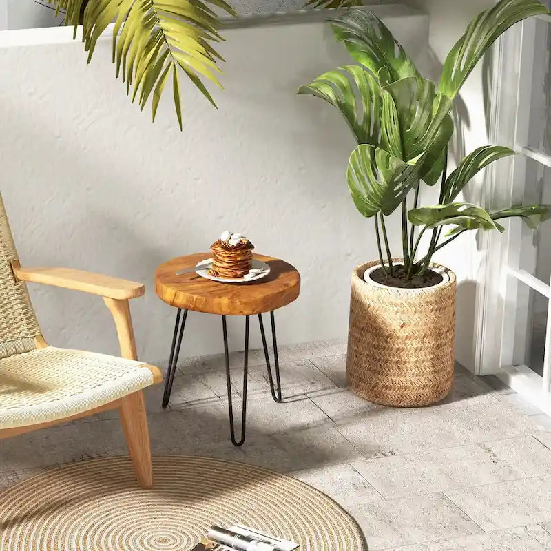 Reclaimed Teak Wood Live Edge Side Table with Metal Legs – Indoor & Outdoor