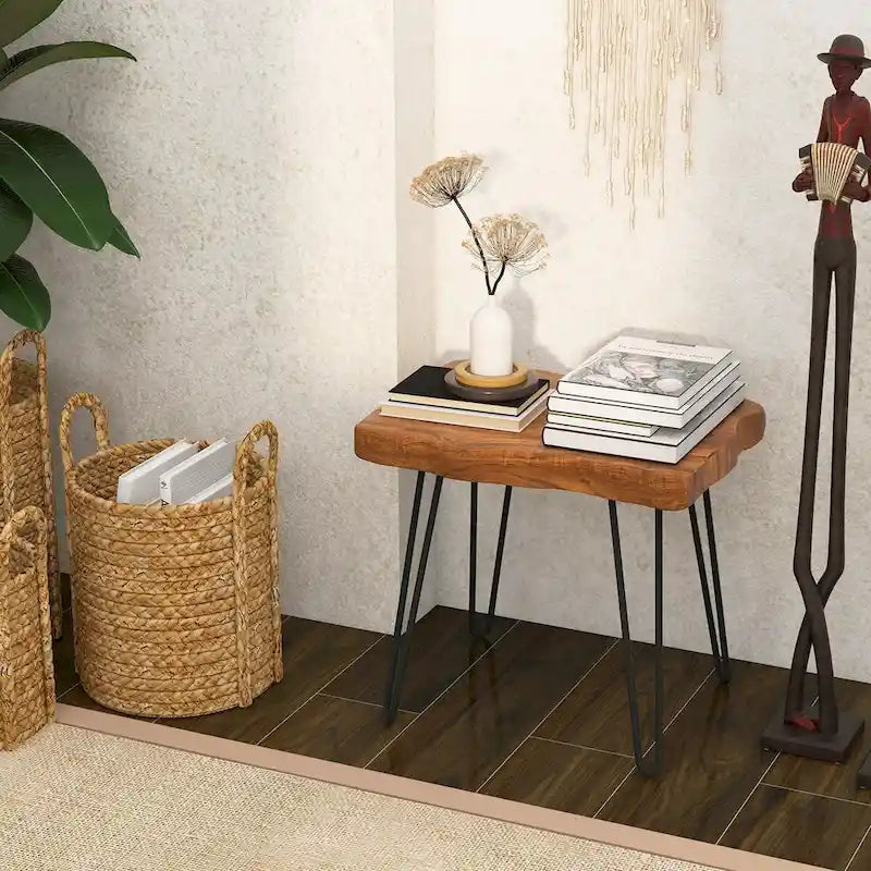 Reclaimed Teak Wood Live Edge Side Table with Metal Legs – Indoor & Outdoor