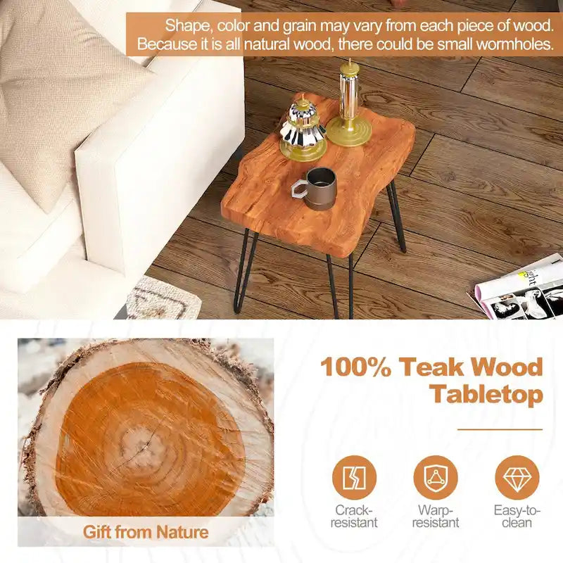 Reclaimed Teak Wood Live Edge Side Table with Metal Legs – Indoor & Outdoor