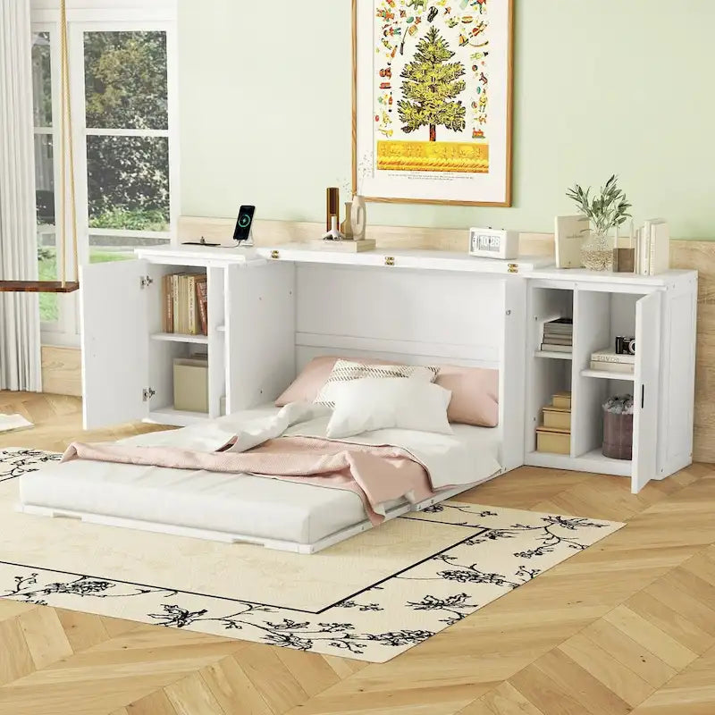Full Size Wall Murphy Bed with Storage Shelves & Built-In USB Charging