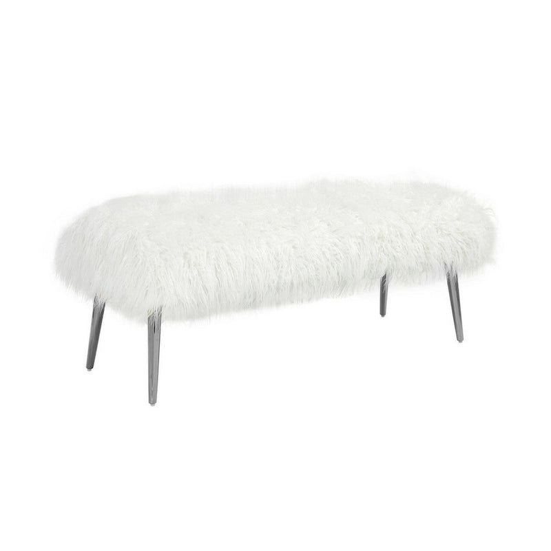 45-Inch Upholstered Bench with Faux Fur Seat Cushion & Silver Metal Legs