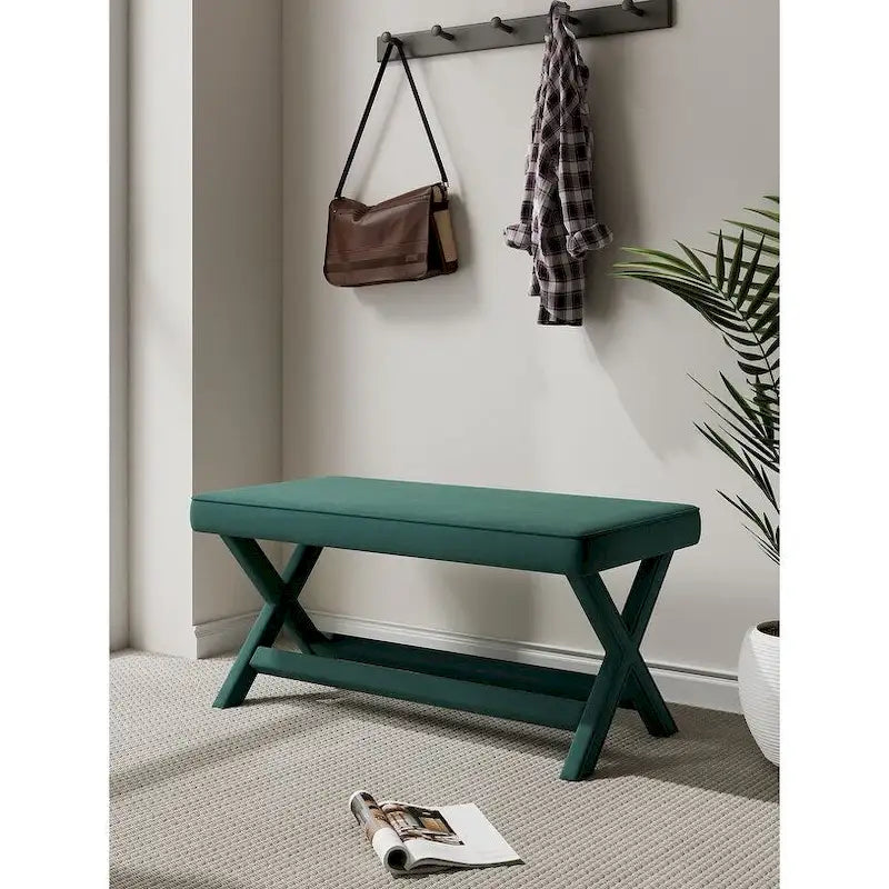 Mid-Century Modern Velvet Upholstered Bench with X-Cross Wood Legs