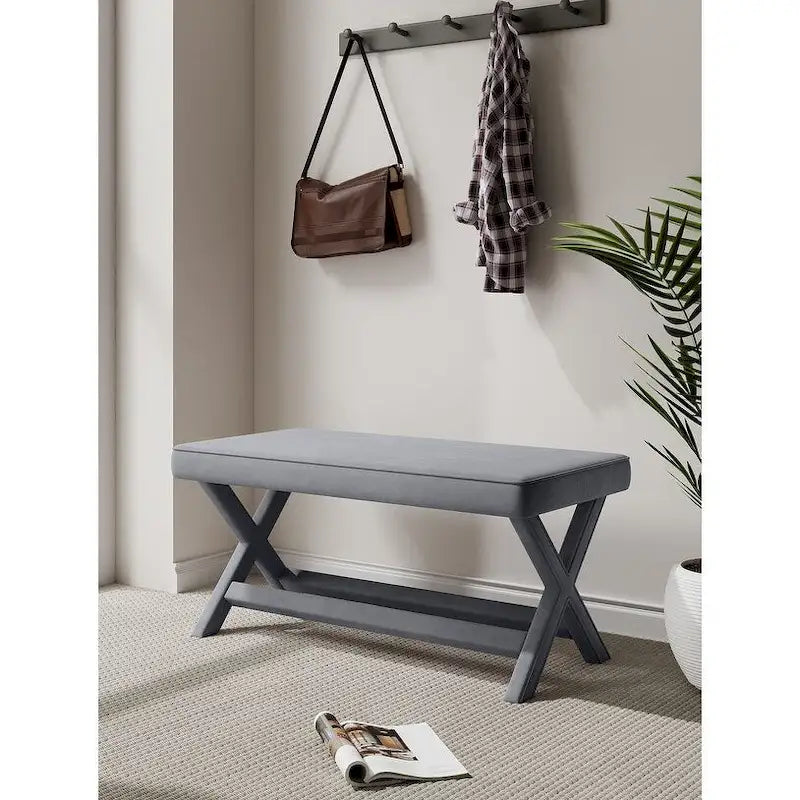 Mid-Century Modern Velvet Upholstered Bench with X-Cross Wood Legs