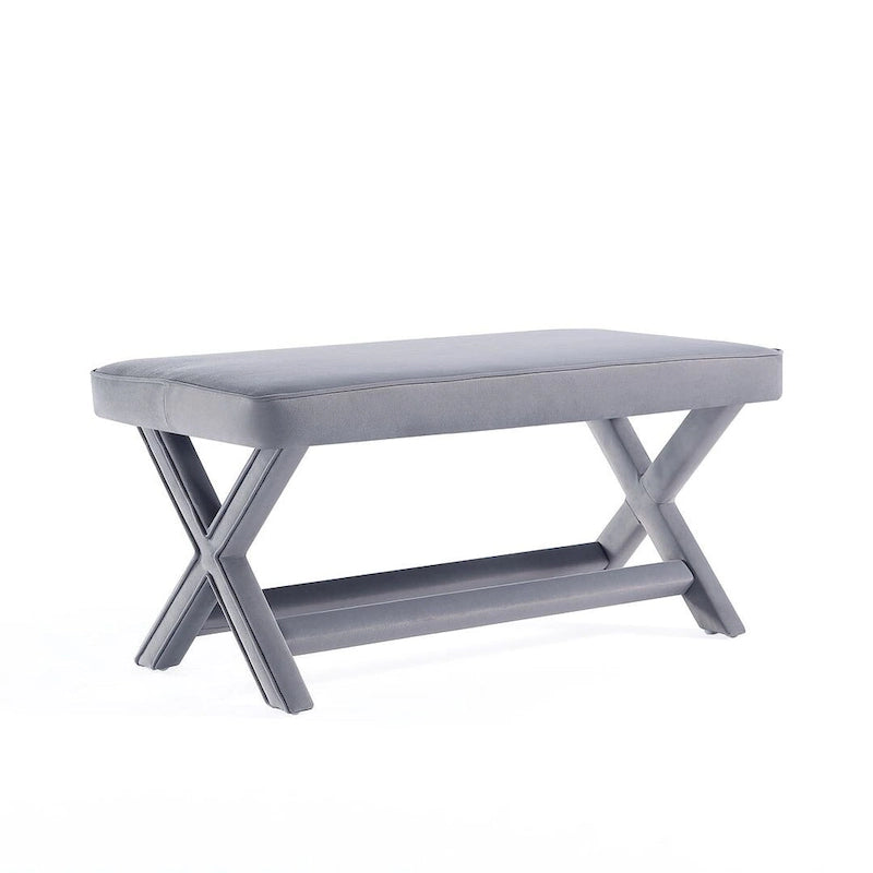 Mid-Century Modern Velvet Upholstered Bench with X-Cross Wood Legs