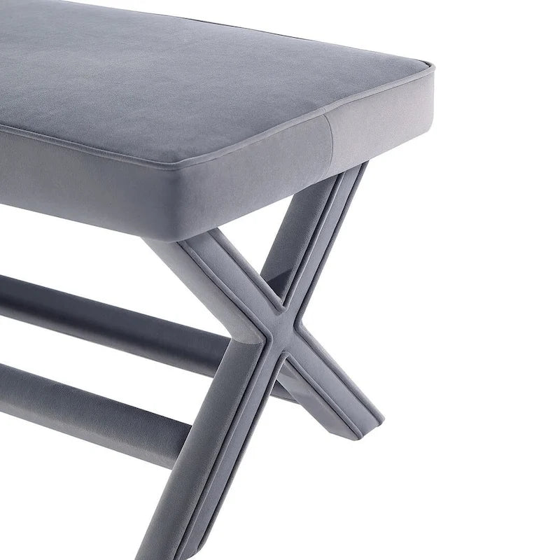 Mid-Century Modern Velvet Upholstered Bench with X-Cross Wood Legs