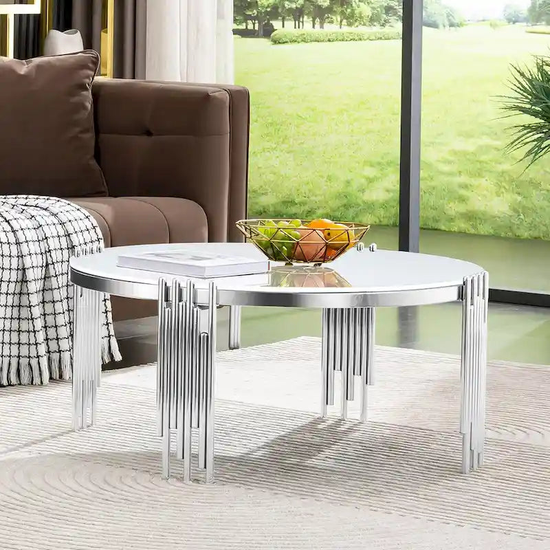 35-Zoll-runder Couchtisch aus gehärtetem Glas mit poliertem, mehrrohrigem Zylinderfuß